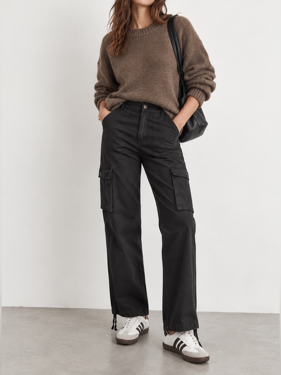 Pants - Black Cargo Pants with Utility Pockets and Elasticized Waist